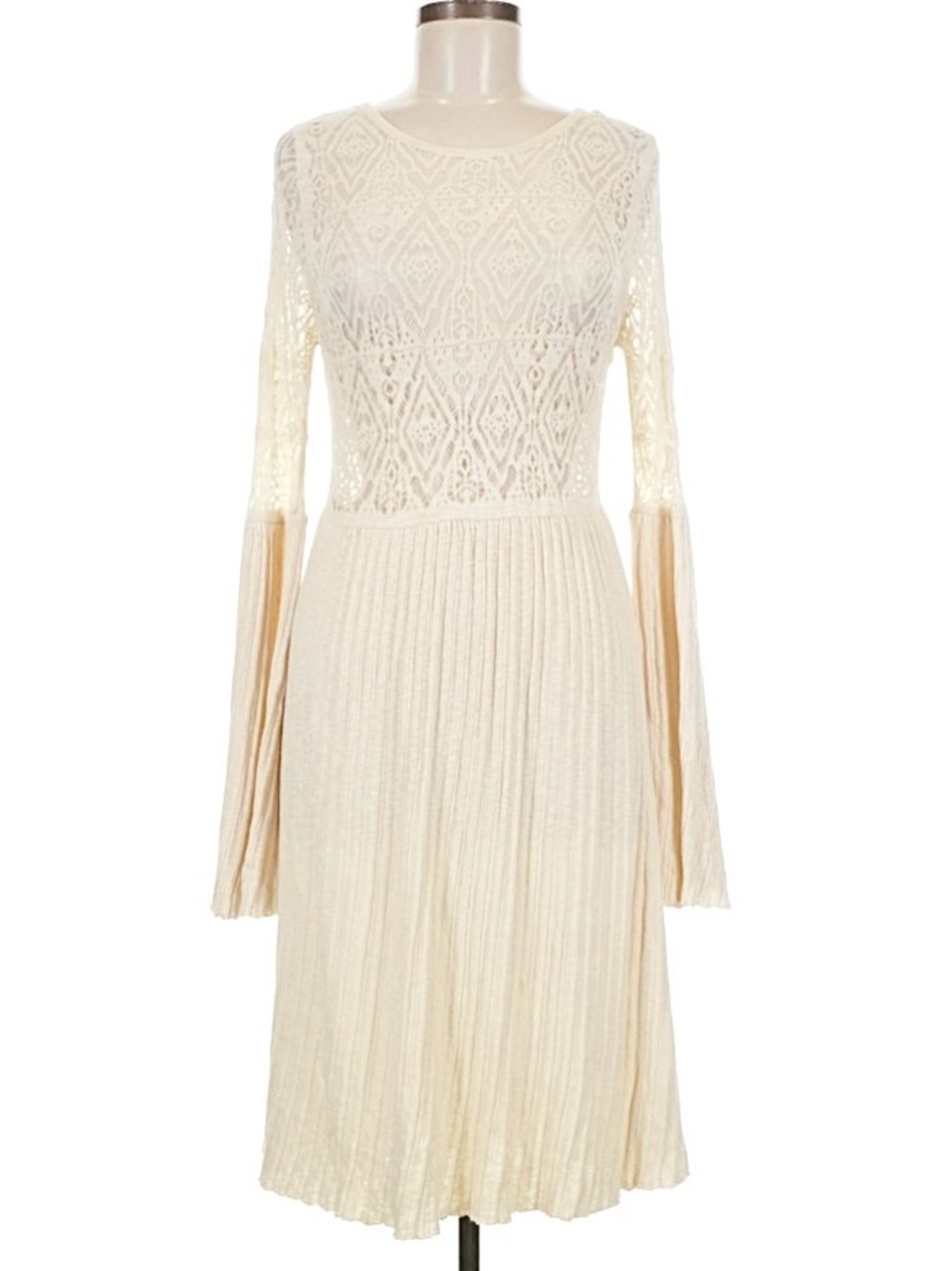 Floreat‎ Dress Anthropologie Cream Lace Yoke Boho MP Bell Sleeve Fit Flare